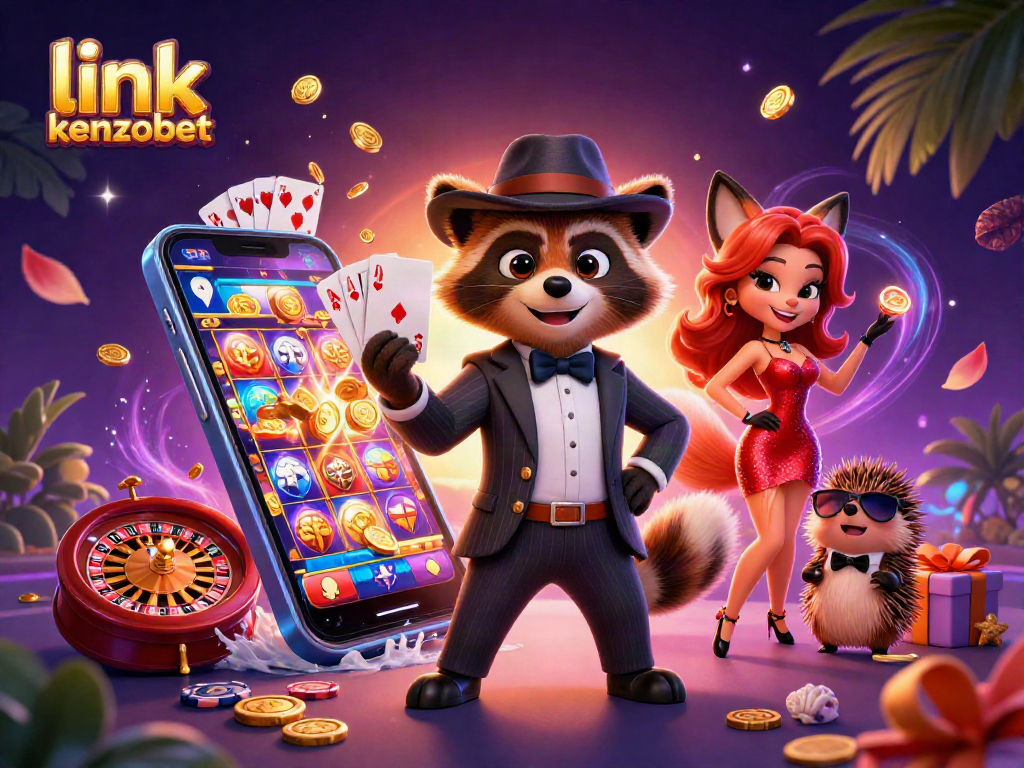 Spin the reels with link kenzobet's vibrant casino illustration, showcasing slot games and dynamic characters.