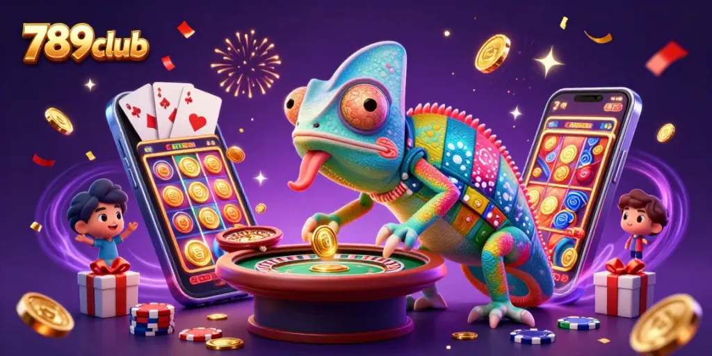 Engage with 789club's colorful casino games and vibrant atmosphere in this dynamic illustration.