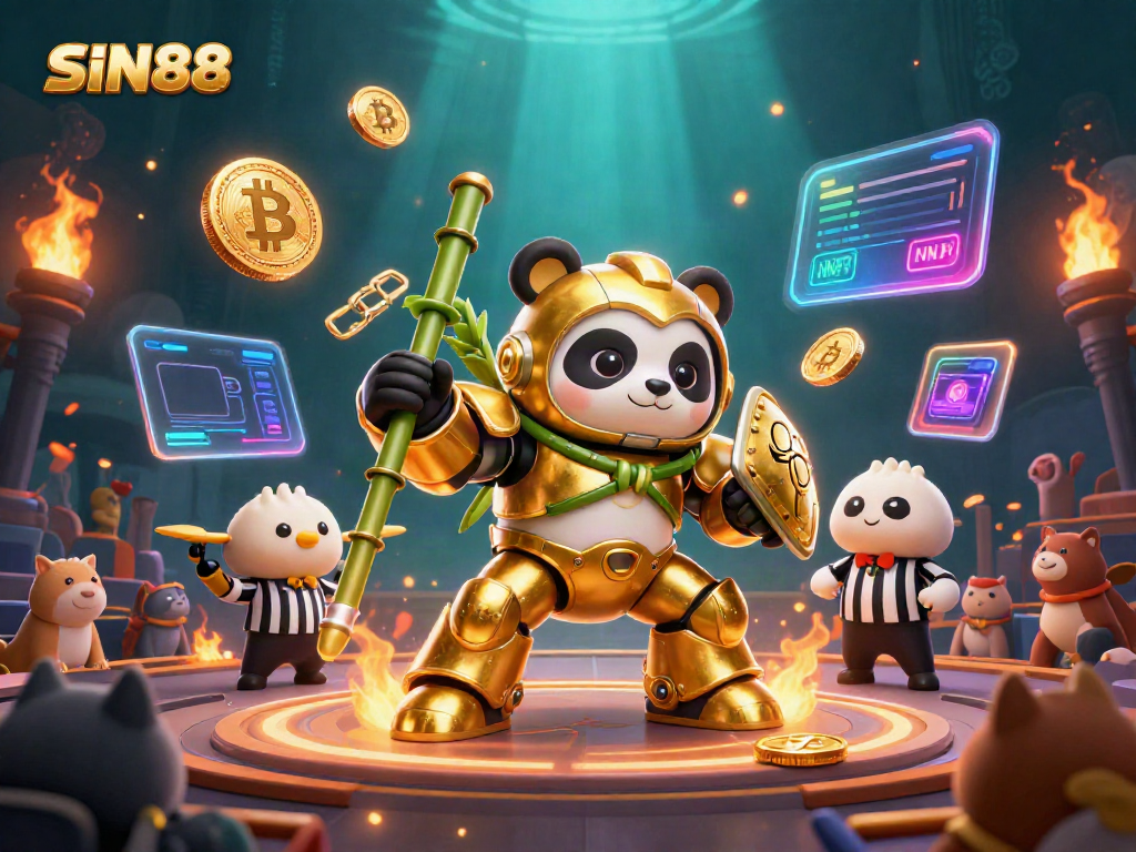 SIN88 players engaging in dynamic casino battles with crypto elements in vibrant 3D illustration.