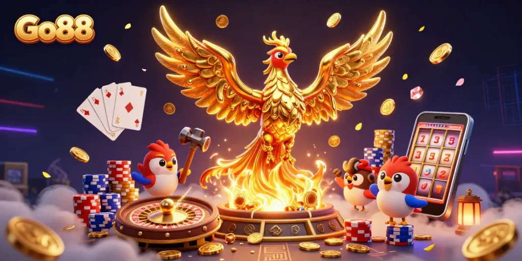 Engage with Go88's vibrant casino world featuring golden phoenix and dynamic gaming elements.