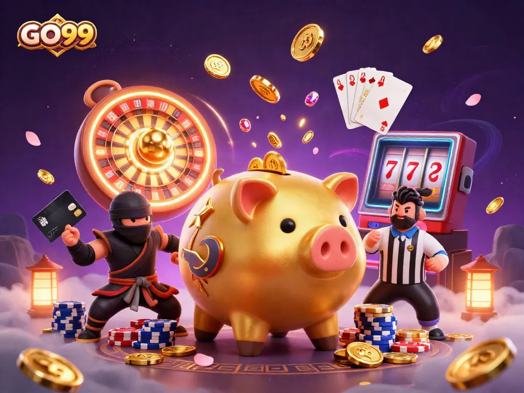 Engaging GO99 online casino scene featuring a golden piggy bank sumo wrestler and dynamic characters.