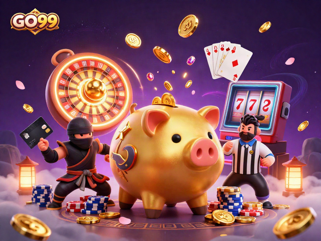 Engaging GO99 online casino scene featuring a golden piggy bank sumo wrestler and dynamic characters.