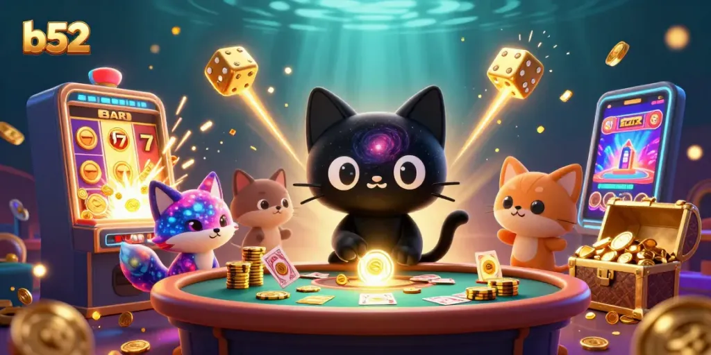 Spin the reels at b52 casino with a black hole cat and colorful galaxy fox in a vibrant cosmic setting