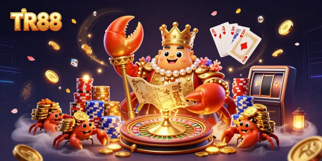 Explore fortune and adventure at TR 88 with a golden crab emperor and treasures in a vibrant casino scene.