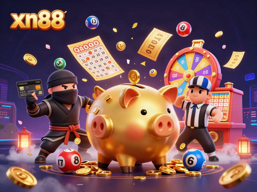 Engage with xn88 in a thrilling 3D illustration featuring a golden piggy bank sumo wrestler amidst gambling elements.