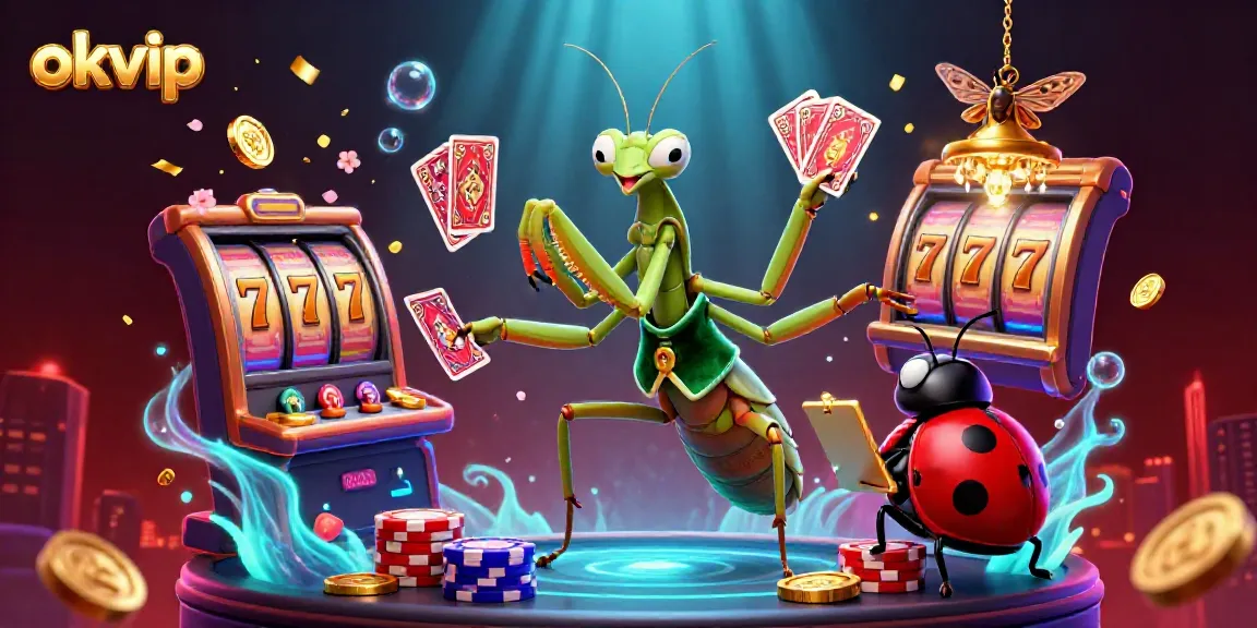 Engage in thrilling gameplay with okvip as a giant mantis deals cards and chips in a vibrant casino atmosphere.