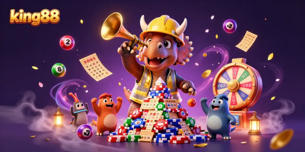 Join the fun at king88 with a dynamic scene of roaring celebration and vibrant casino elements.