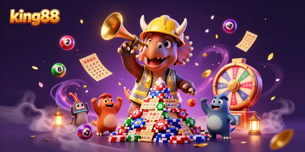 Join the fun at king88 with a dynamic scene of roaring celebration and vibrant casino elements.