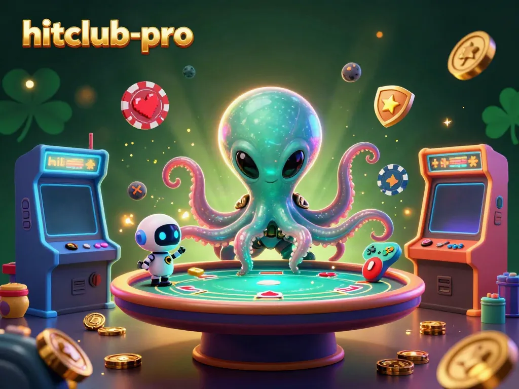 Experience hitclub-pro's vibrant gaming scene with an alien octopus and robot at a holographic poker table.