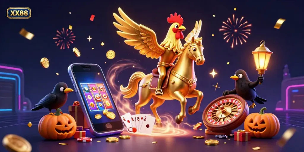 Engage with thrilling slots and gaming excitement at XX88's casino illustration with vibrant elements.