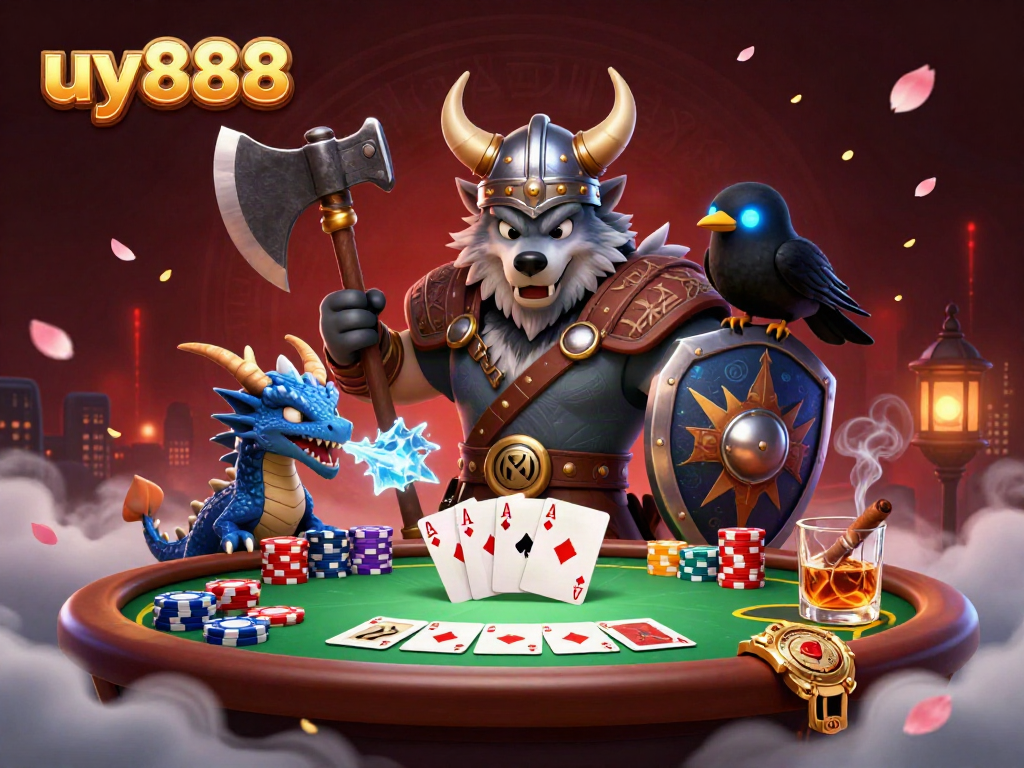 Engage in thrilling gameplay with uy888, featuring a Viking wolf warrior, dragon, and poker action.