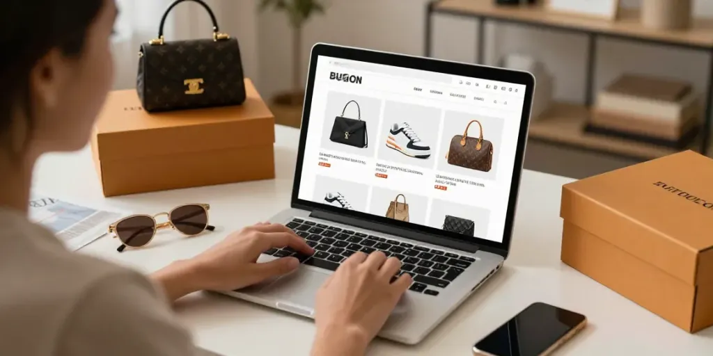 Online shopping with premium replica bags in cart, e-commerce experience, best deals.