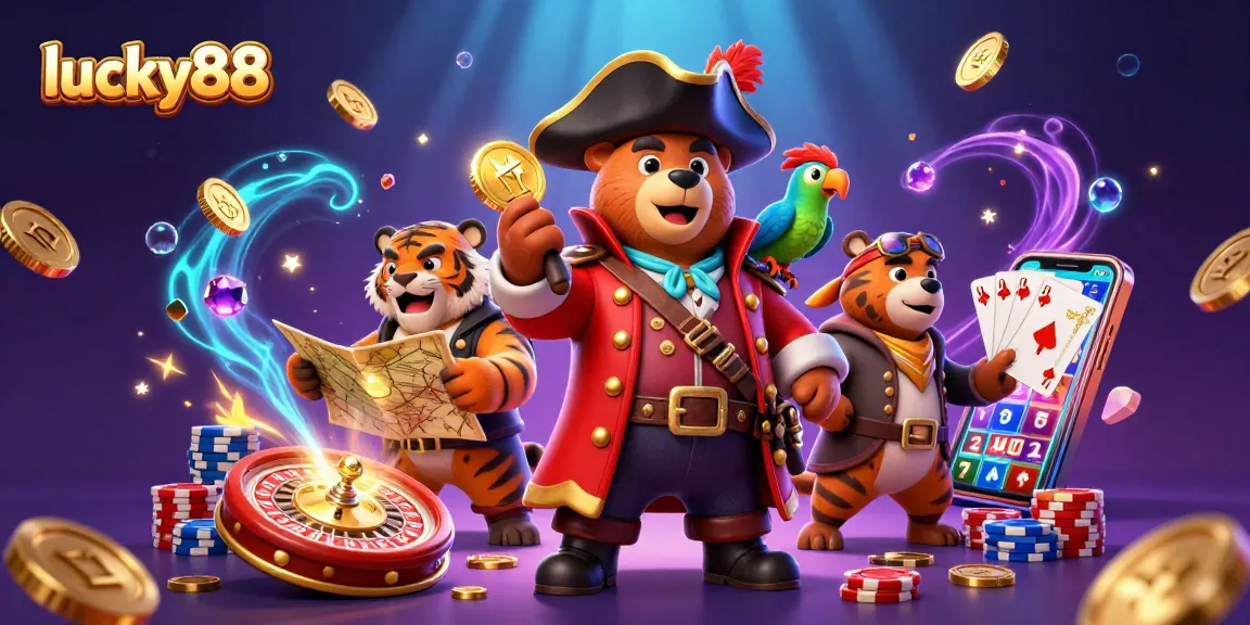 Experience winning strategies with lucky88 in a vibrant casino setting featuring fun characters and dynamic game elements.