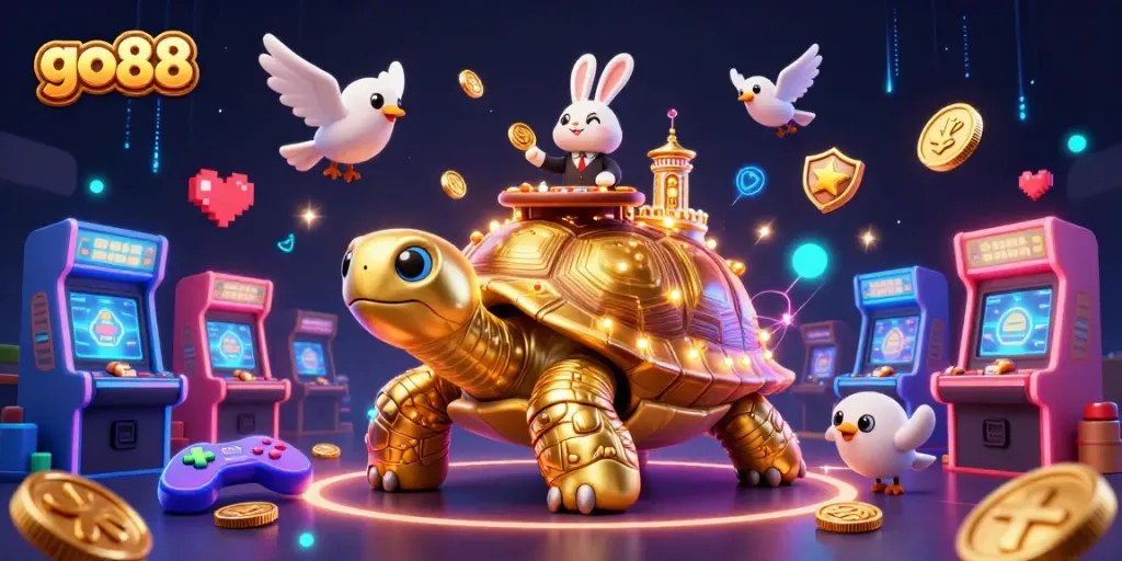 Experience the go88 gaming thrill with a golden tortoise casino, vibrant arcade elements, and bird-flying coins.