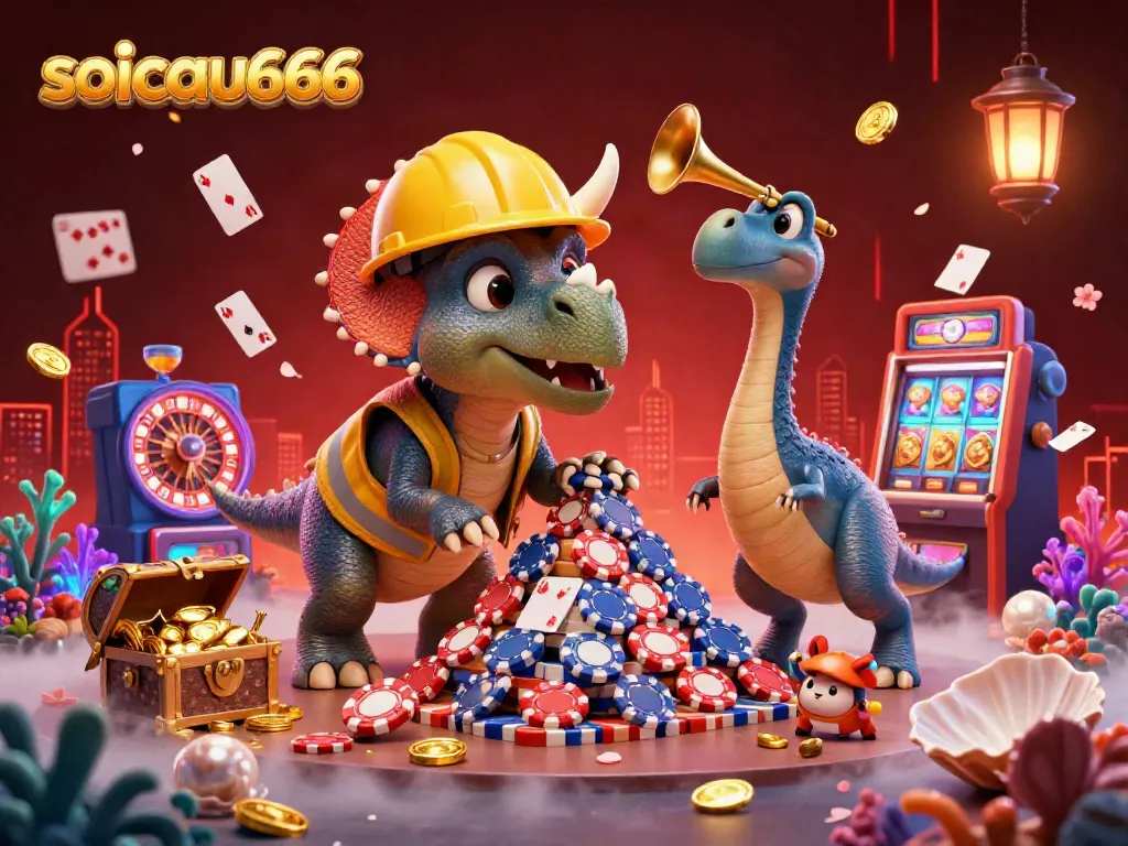 Engage with the vibrant soicau666 casino scene featuring a triceratops and colorful gambling elements.