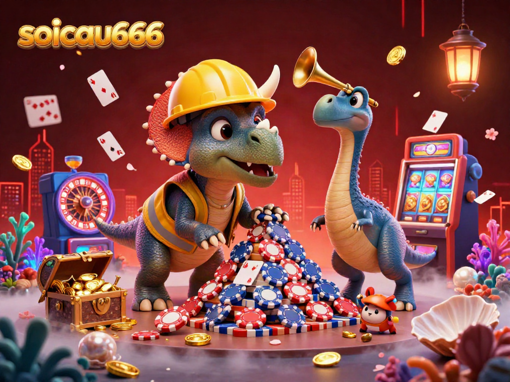 Engage with the vibrant soicau666 casino scene featuring a triceratops and colorful gambling elements.