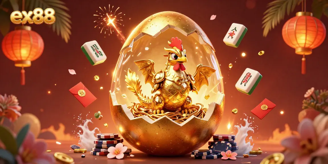 Play slot games at ex88 with a gold dragon revealing poker chips and festive elements.
