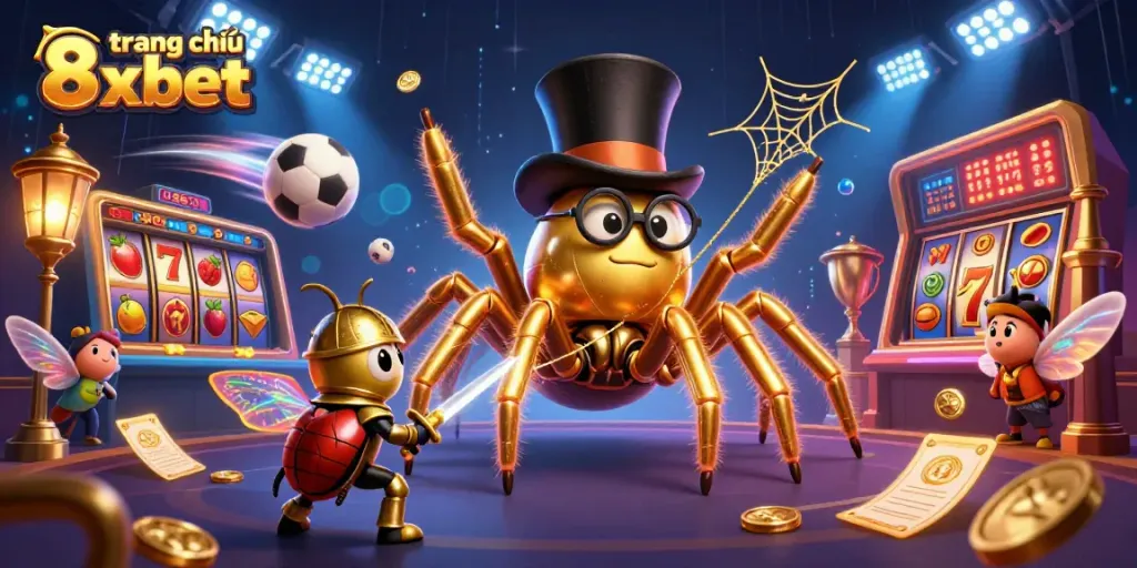 Engage in the excitement at trang chủ 8xbet with the giant golden tarantula and lively casino elements.