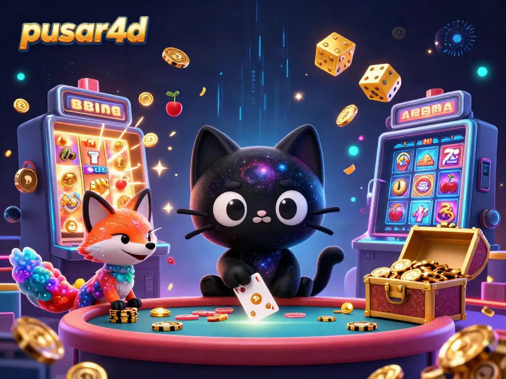 Experience pusar4d's cosmic casino magic with a black hole cat and nebula fox in a vibrant jackpot scene.
