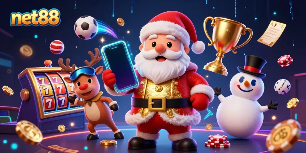Join the fun at net88's vibrant casino scene featuring Santa, a reindeer dealer, and a poker chip snowman.