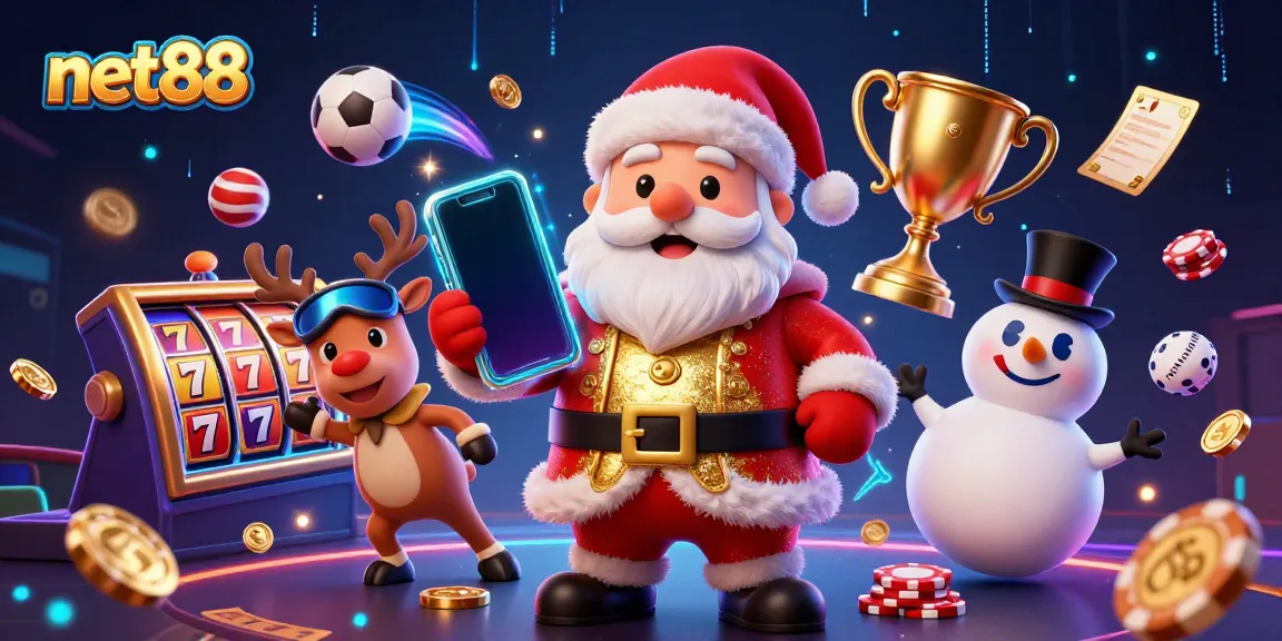 Join the fun at net88's vibrant casino scene featuring Santa, a reindeer dealer, and a poker chip snowman.