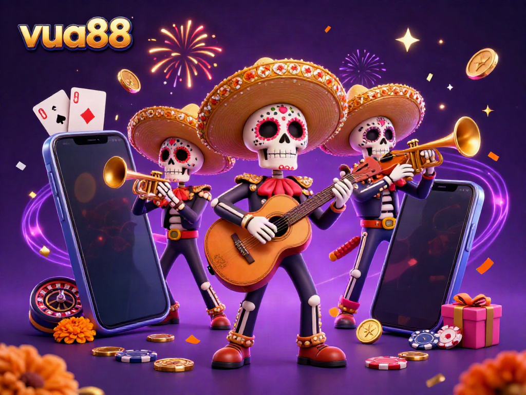 Win big at vua88 with vibrant Dia de los Muertos skeleton mariachi band celebrating abundant casino winnings.