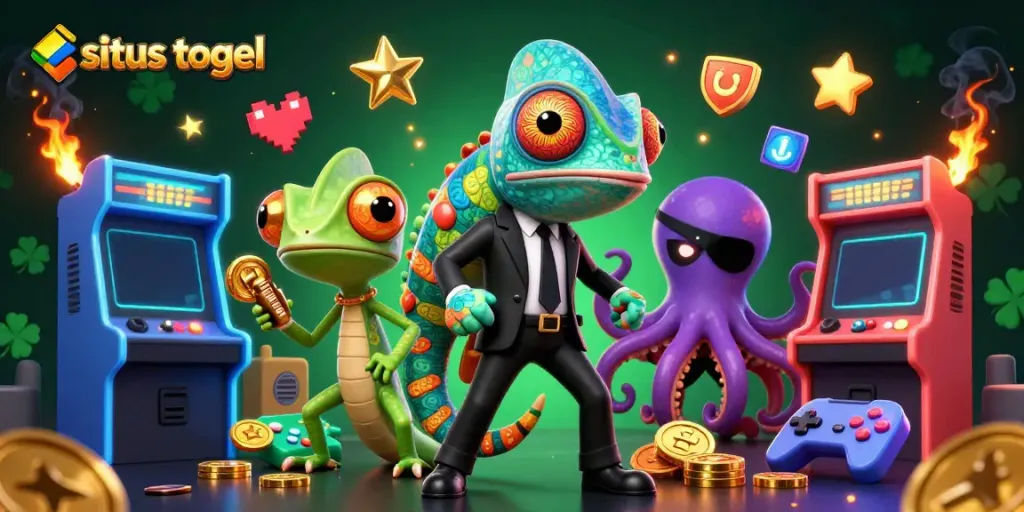 Engage with situs togel in a dynamic illustration featuring a chameleon, gecko, and octopus amid vibrant gaming elements.
