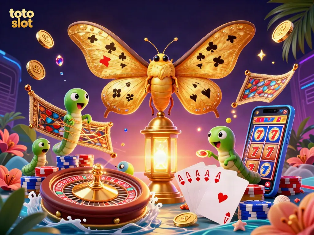 Spin the toto slot reels with a vibrant 3D illustration of a majestic moth surrounded by casino treasures.