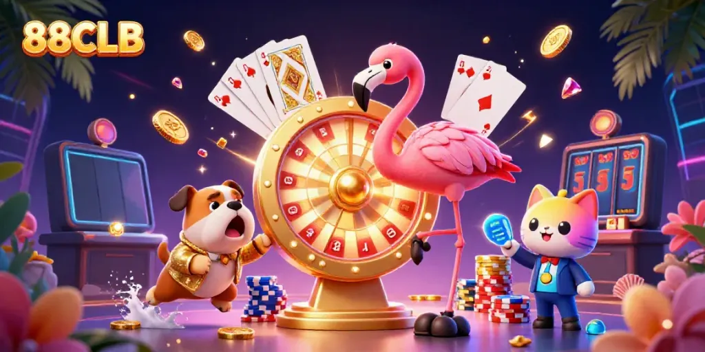 Experience the excitement of 88CLB with vibrant casino characters and golden prizes in a thrilling 3D digital scene.