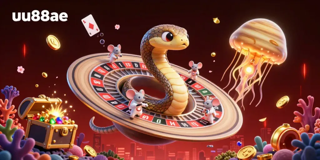 Astro mice playfully betting on UU88AE's roulette wheel, surrounded by cosmic treasures.