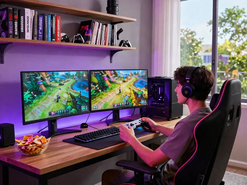 Gamer enjoying garuda404 digital entertainment platform at home with vibrant game graphics.