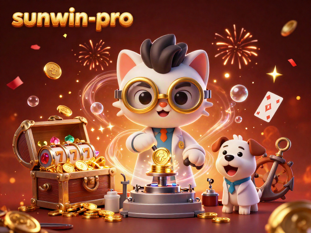 Engage with sunwin-pro at a lively casino scene featuring a mad scientist cat and assistant amidst a gold production frenzy.