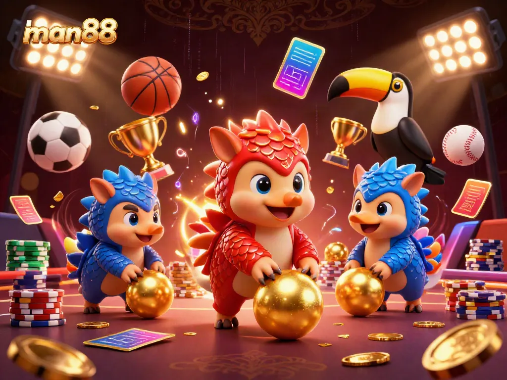 Experience man88's vibrant gaming scene with competitive pangolins, poker chips, and sports balls.
