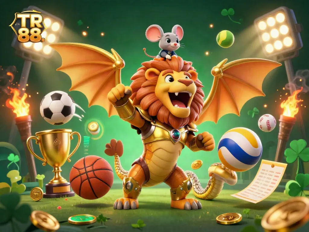 Engage with TR 88 in a vibrant scene showcasing golden chimera and sports elements filled with excitement.