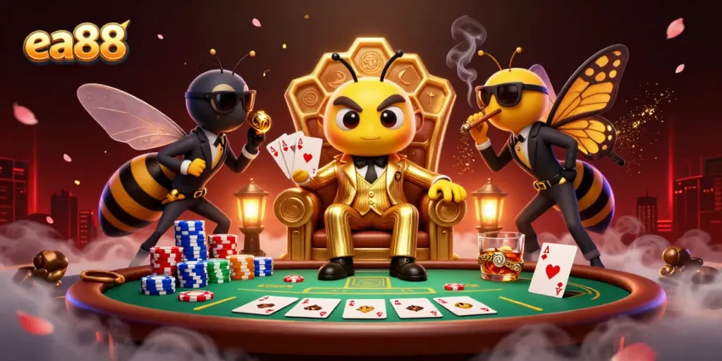 Engage at the ea88 poker table with a dynamic scene featuring a bumblebee mob boss and wasp bodyguards.