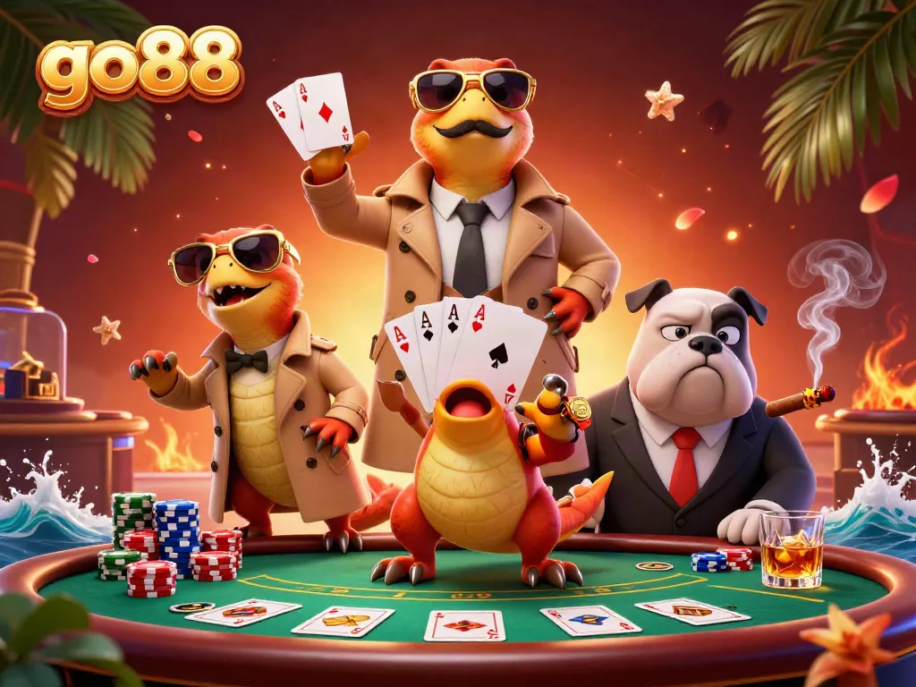 Engage with go88's thrilling VIP experience featuring cartoon raptors and casino elements.
