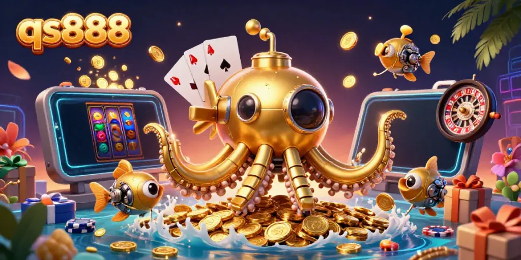 Experience thrilling gaming action at qs888 with a dynamic golden kraken submarine amidst shining coins.