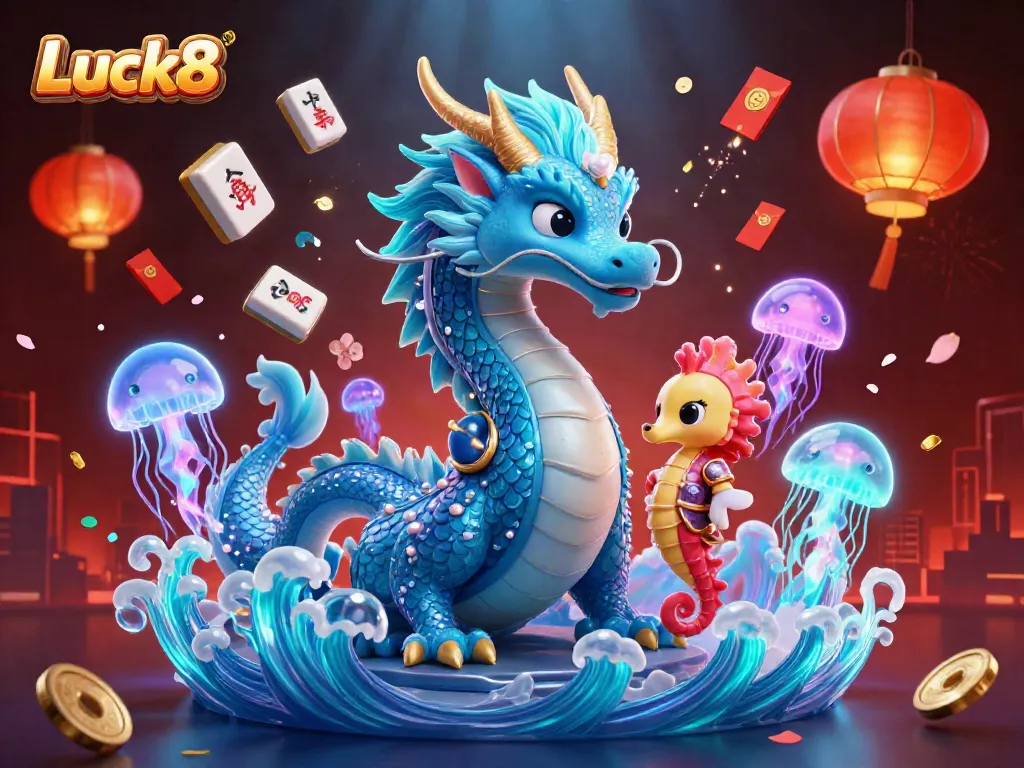 Engage with stunning Luck8 visuals through an azure water dragon and magical seahorse amidst vibrant casino elements.