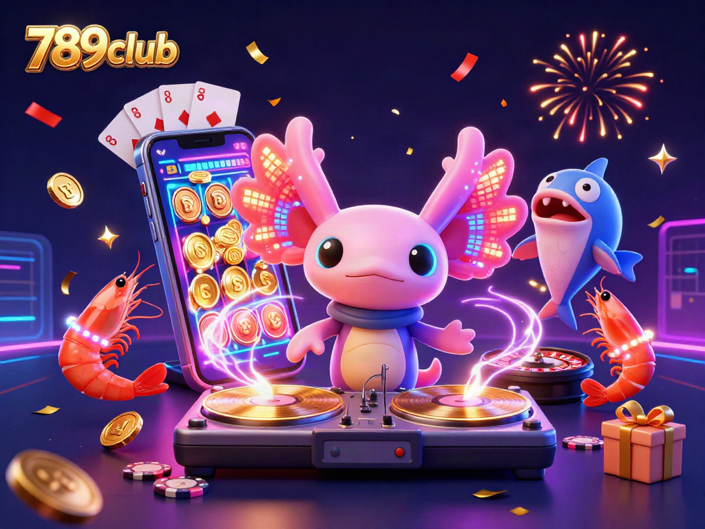 Join the vibrant 789club party with a neon axolotl DJ spinning slots and games animatedly.