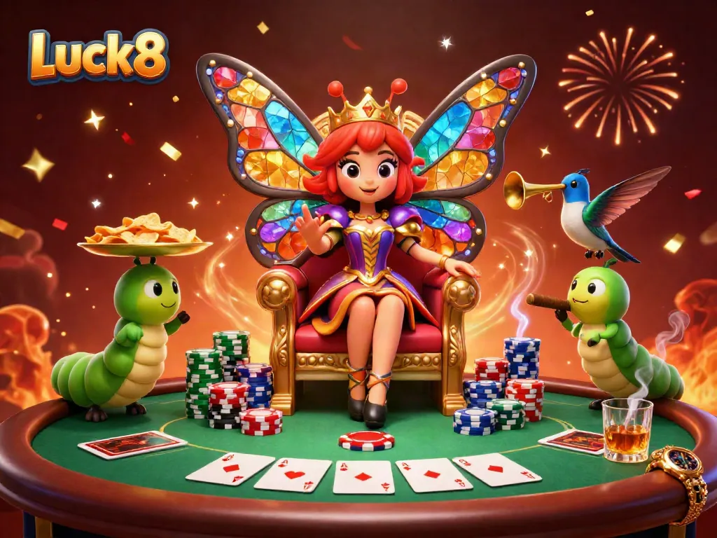 Engage with thrilling moments at Luck8, featuring colorful characters amidst poker elements and celebratory vibes.
