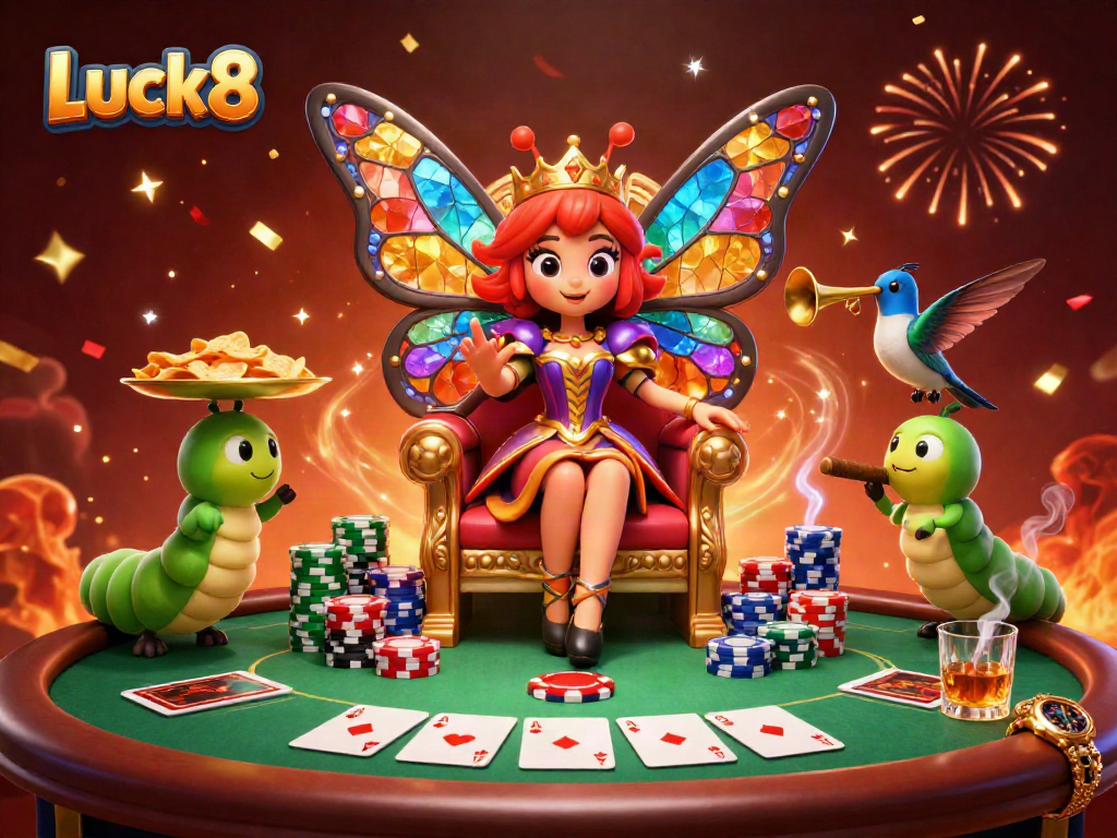 Engage with thrilling moments at Luck8, featuring colorful characters amidst poker elements and celebratory vibes.