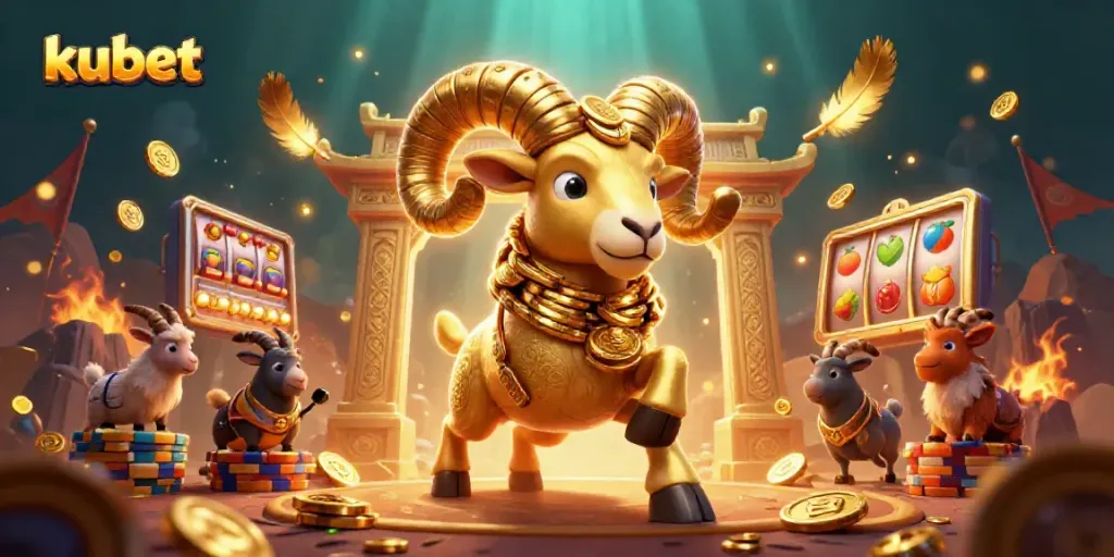 Engage in thrilling gaming at kubet featuring a golden ram charging through a vibrant casino scene.