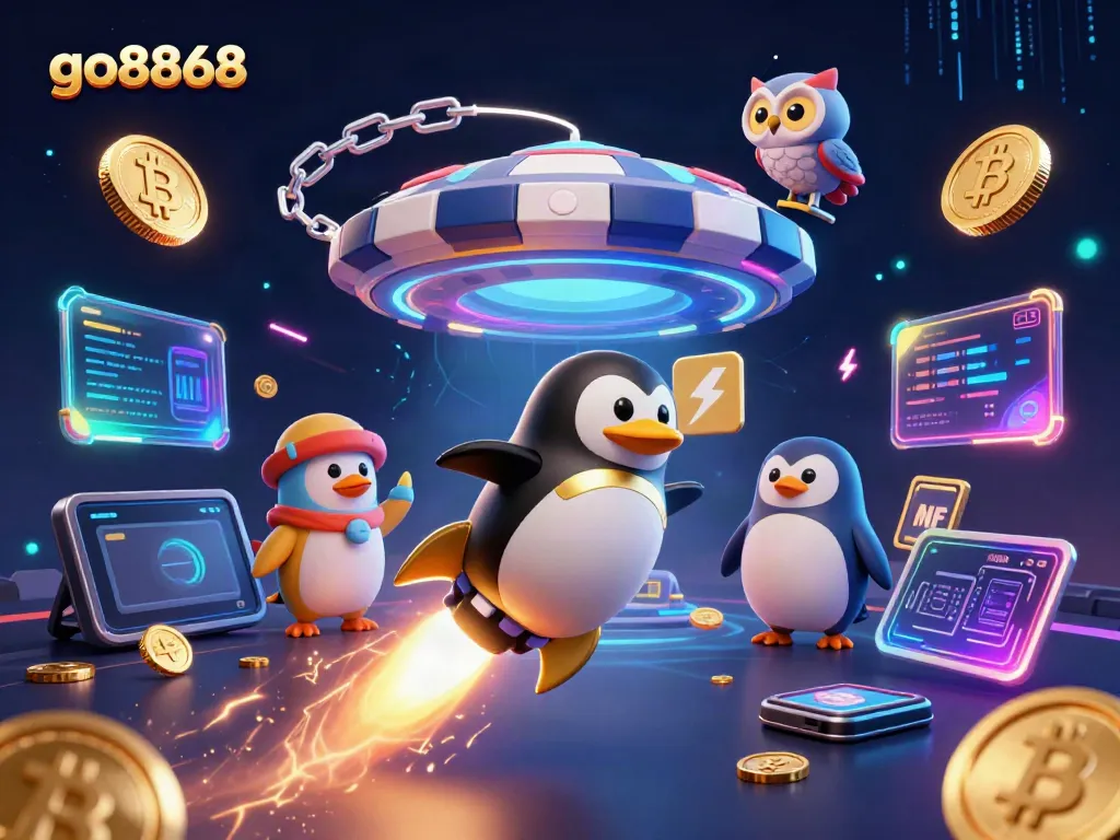 Immerse in the universe of go8868 with the golden penguin racing towards a casino, surrounded by vibrant crypto elements.