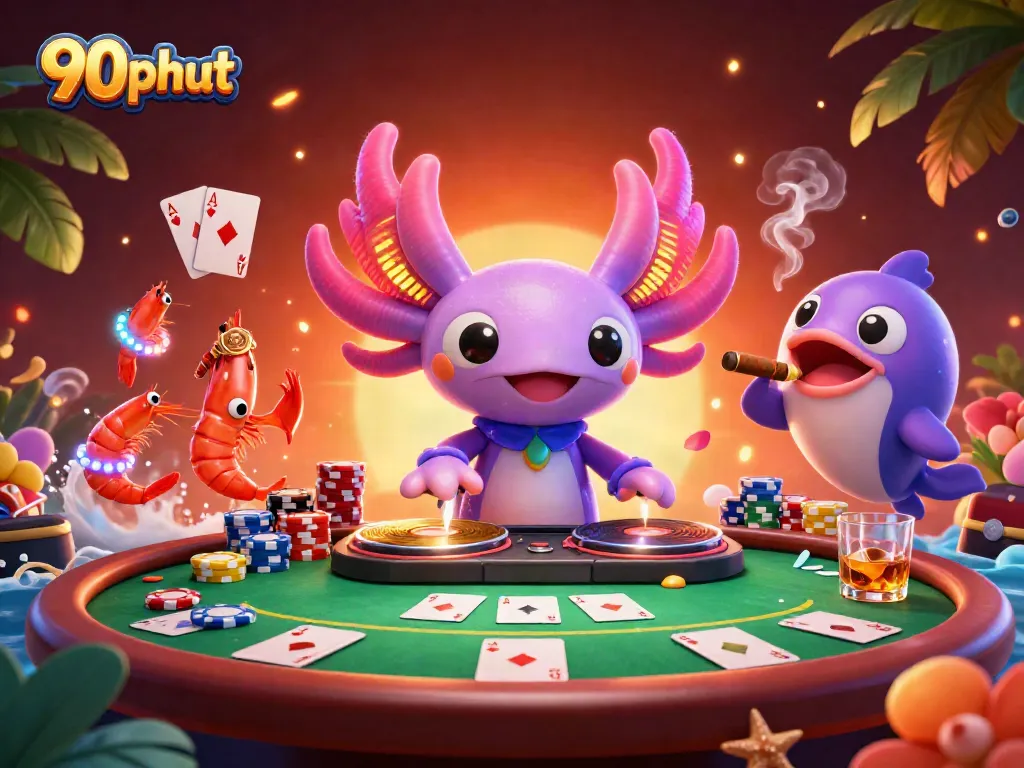 Engage in thrilling poker action with 90phut featuring vibrant axolotl DJ and animated sea creatures.