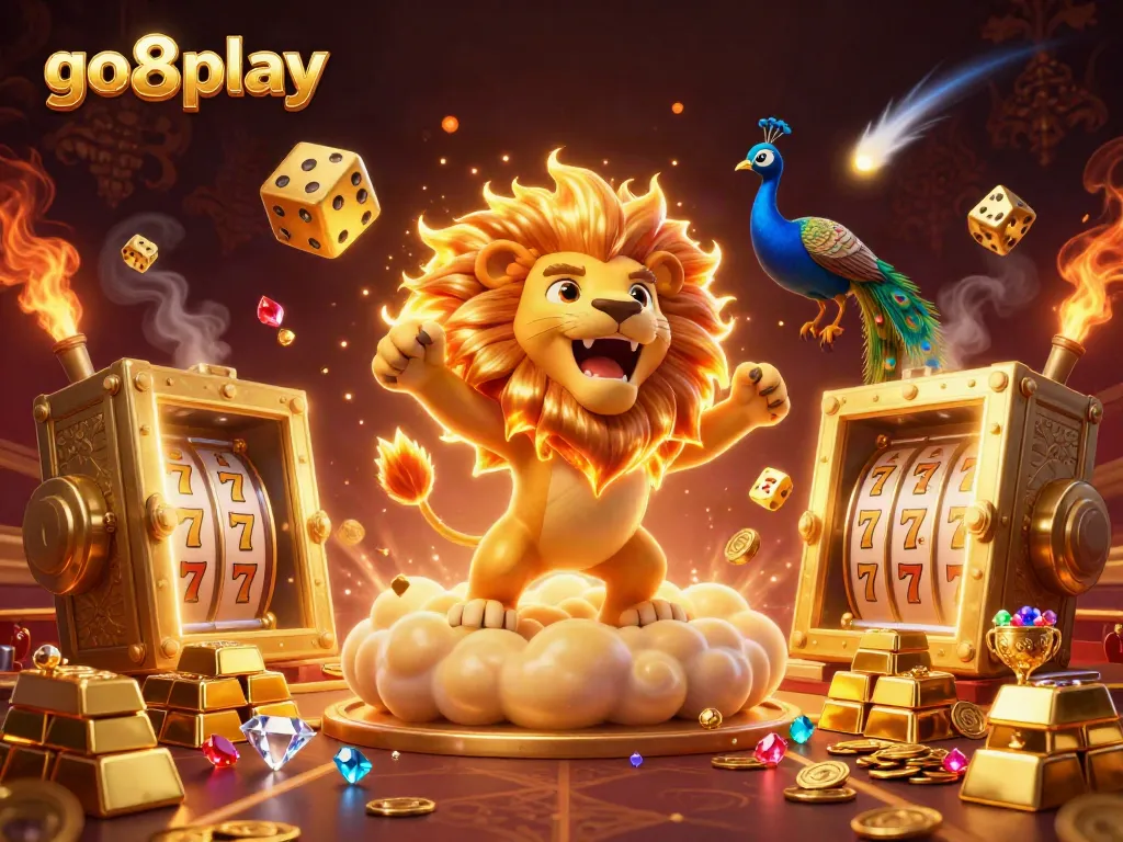 Experience the thrilling excitement at go8play with a dynamic casino scene featuring a roaring lion and golden treasure.