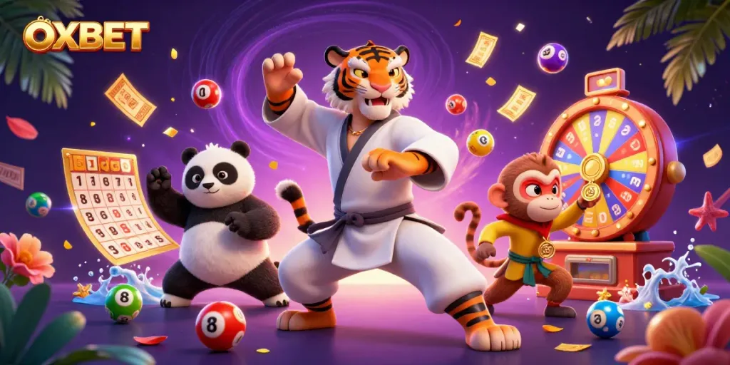 Win exciting prizes at OXBET with a vibrant casino-themed illustration featuring dynamic lottery elements!