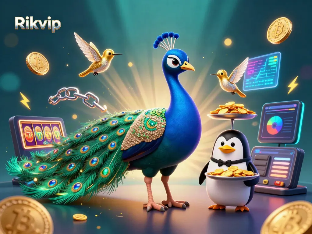 Experience the vibrant energy of Rikvip with a dazzling illustration featuring a peacock, penguin, and hummingbird among dynamic casino elements.