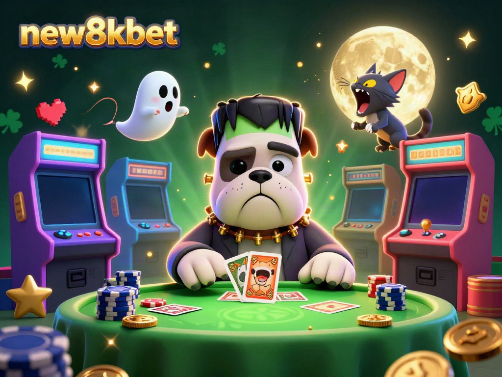 Experience thrilling gameplay at new8kbet with a colorful casino scene featuring a Frankenstein bulldog dealing cards.