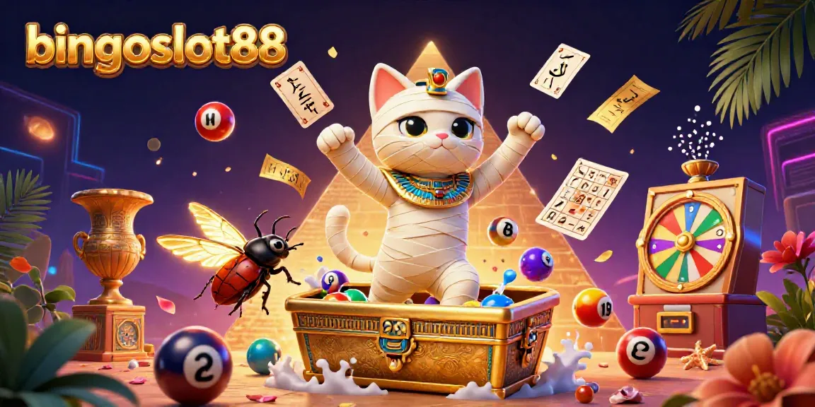 Raih kemenangan besar di bingoslot88 dengan kucing mummy dan bola lotere berwarna-warni.