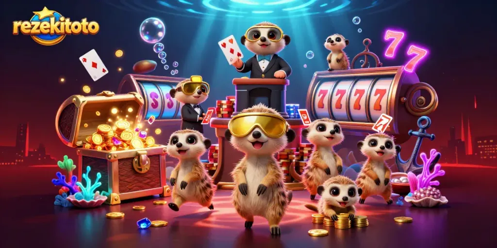 Experience the excitement of rezekitoto with cartoon meerkats orchestrating a vibrant casino operation.